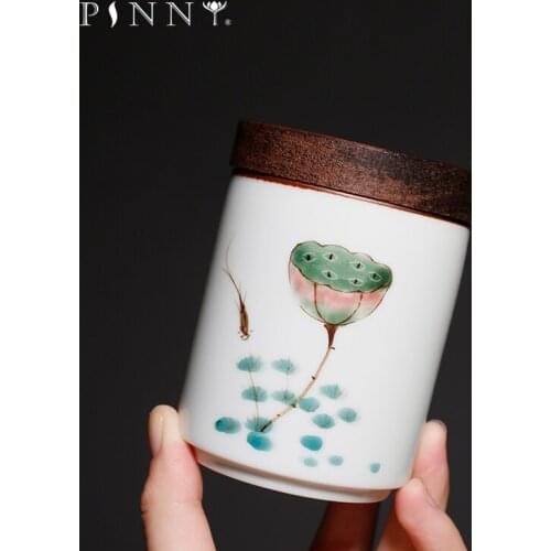 PINNY Hand Painted Ceramic Lotus Tea Jar Retro Sealed Tea Caddy Chinese Kung Fu Tea Accessories White Porcelain Storage Jars