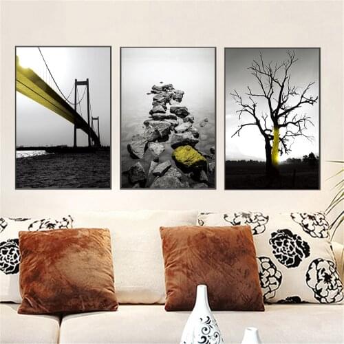 Nordic Poster Yellow Bridge Tree Stone Black White Wall Art 5D Diy Diamond Painting Scandinavian Home DecorationZP-3289