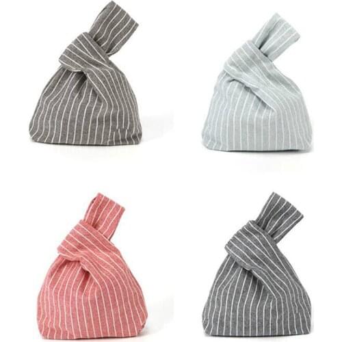 Japanese Style Wind Simple Knot Wrist Bag Coin Purse Mobile Phone Key Small Bag Grid Stripe Handmade Square Cotton Fabric Bag