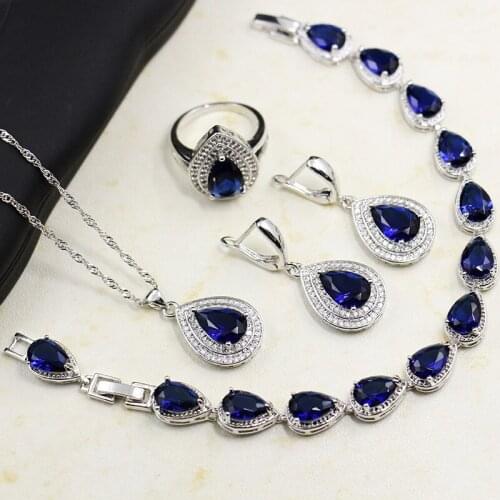 High level jewelry women luxury Blue Crystal four piece Necklace Earring Ring Ring Bracelet bride jewelry set birthday gift