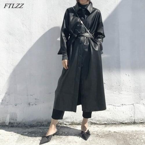 FTLZZ Spring Women PU Leather Long Jacket Slim Split Windbreaker Trench Coat Single Breasted Long Sleeve Solid Jacket with Belt
