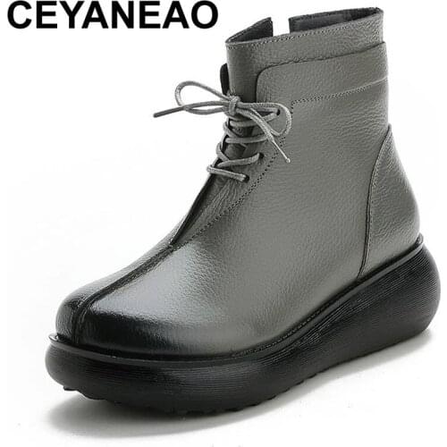 CEYANEAO Winter Warm Flat Platform Boots Women Shoes Genuine Cow Leather 2020 Handmade Vintage Mid Heel 5CM Lace Up Ankle Boots