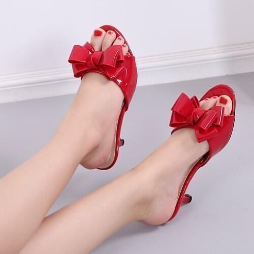 Slippers Female Summer 2019 New Outside Wear Korean version of high heel Medium Heel Thin Heel Bow Fishmouth one word Shoes