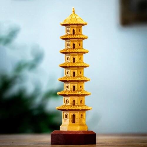 17cm Buddhist Pagoda Feng Shui Wood Carving Solid Wood Tower Home Decoration