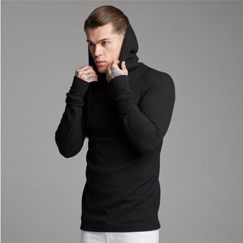 Brand Black Hooded Sweaters Men Casual Pullovers Autumn Winter Fashion Thin Sweater Solid Slim Fit Knited Long Sleeve Knitwear