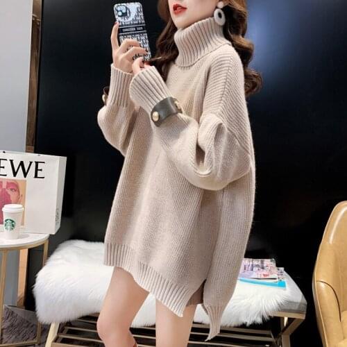 Korean Autumn Winter Thick Loose Turtleneck Knit Sweater Women Black Khaki High Collar Long Sleeve Knitted Pullovers Tops Female