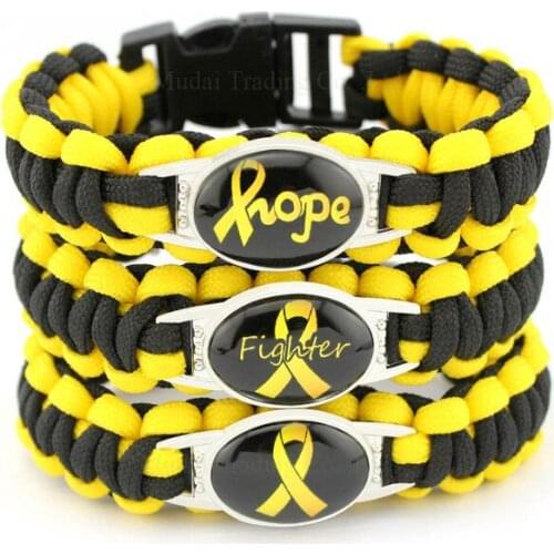 Hope Ribbon Cancer Awareness Survival Paracord Charm Bracelets 25*18mm Glass Cabochon Jewelry Men Women Black Yellow Gift