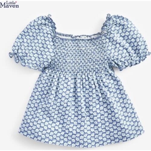 Little Maven Children 2021 Summer Baby Girl Clothes Flower Print Tee Tops Brand Cotton Blue T Shirt for Kids 2-7 Years 51725