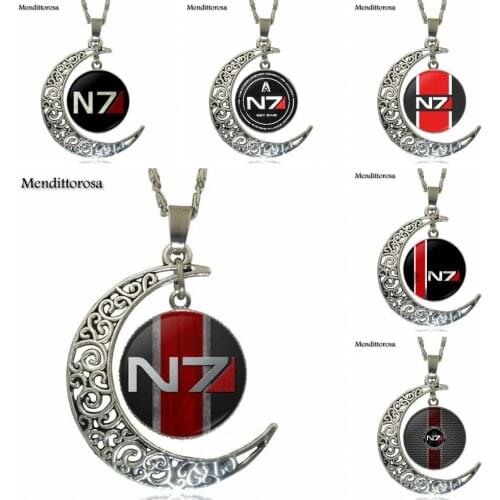 Mass Effect Inspired N7 Fashion Glass Cabochon Moon Pendant Necklace Women Silver Color Choker Necklace For Women Kids Gift