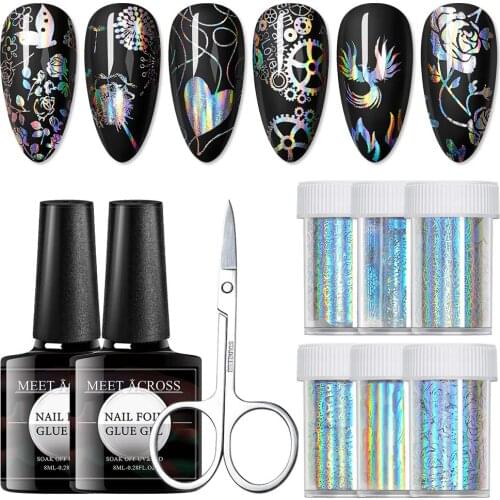 MEET ACROSS 8pcs/set Nail Foils Polish Stickers Set Starry Paper Transfer Foil Wraps Adhesive Decal With Nail Foil Adhesive Glue