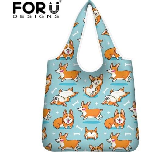 FORUDESIHNS Kawaii Corgi Print Foldable Reusable Tote Bag Eco Friendly Folding Shopping Bag Portable Travel Shoulder Bag Gift
