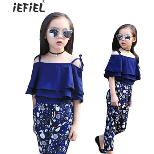 Navy Blue 2021 Fashion Childrens Clothing Girl Suit Casual Chiffon Strapless Tops+High Waist Floral Pants Sets Children Outfits