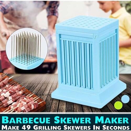 Meat Skewer Maker Box BBQ 49 Holes Meat Skewer Kebab Maker Box Machine With Reusable Flat Round Metal Barbecue Skewers Plastic