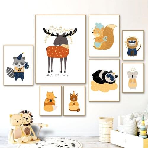 Wall Art Canvas Painting Cartoon Cute Koala Panda Fox Sika Deer Nordic Posters And Prints Animal Wall Pictures Kids Room Decor