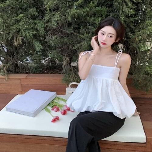 2021 new sleeveless top womens summer wear Korean style sling casual flower bud small fresh bubble shirt