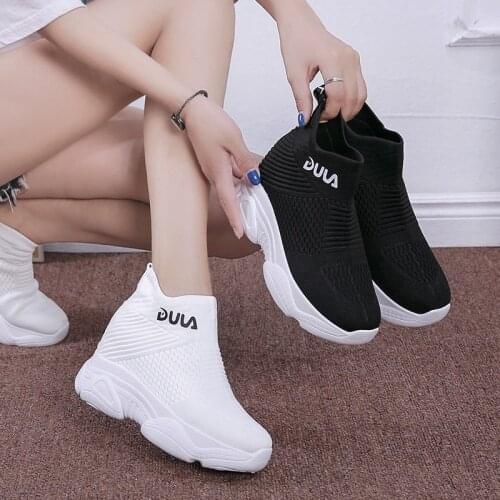 New spring and autumn womens high-top sneakers, fashionable stretch fabric, thick-soled wedges casual shoes, heightened