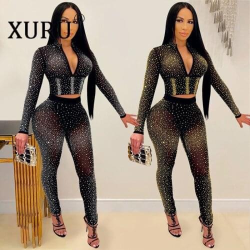 XURU Europe and The United States New Nightclub Hot Rhinestone One-piece Pants Set V-neck Pants Womens Two-piece Set