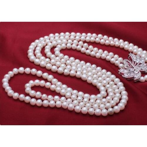 Charming natural 2 strands 8-9mm white pearl inlay zircon accessories swan clasp sweater necklace long