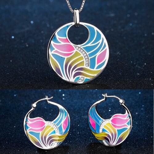 OGULEE Genuine 925 Sterling Silver Delicately Pink Lotus Flower AAA Zirconia Hoop Earrings Pendant Necklace Jewelry Sets Gifts