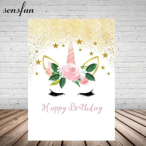 Sensfun Flower Baby Unicorn Party Photography Backdrop Gold Glitter Baby Shower Happy Birthday Backgrounds For Photo Studio