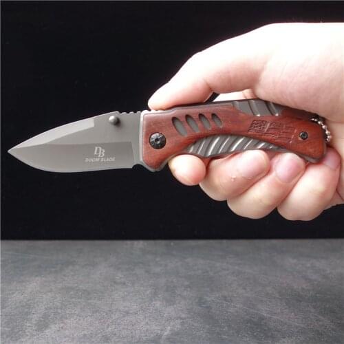 Folding knife with wooden handle, sharp stainless steel folding knife, outdoor camping, mountaineering, barbecue, portable knife