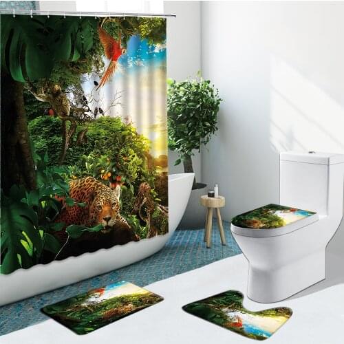 Tropical Rainforest Animal Shower Curtains Leopard Zebra Lion Non-Slip Pedestal Flannel Rugs Toilet Cover Bathroom Set Bath Mat