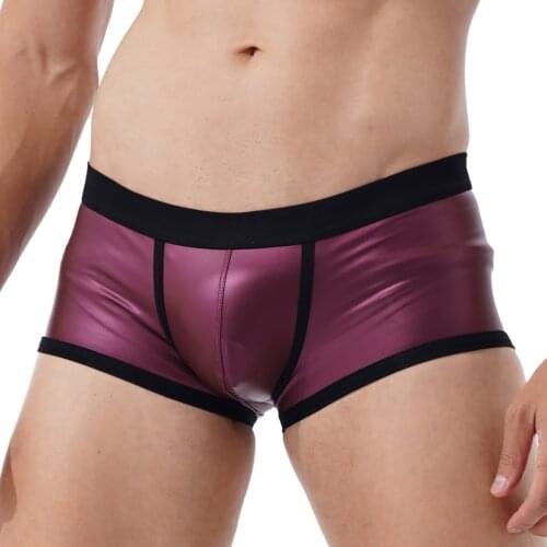 Mens Sports Swimming Trunks Swimwear Low Waist Elastic Waistband Underpants Hot Faux Leather Bulge Pouch Underwear Boxer Shorts