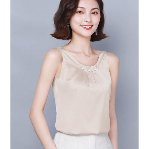 Fashion Wild Satin Womens Sleeveless Shirt High-End Silk Camisole Tops Ladies Korean Style O-Neck Solid Color Tank Blouse zh518
