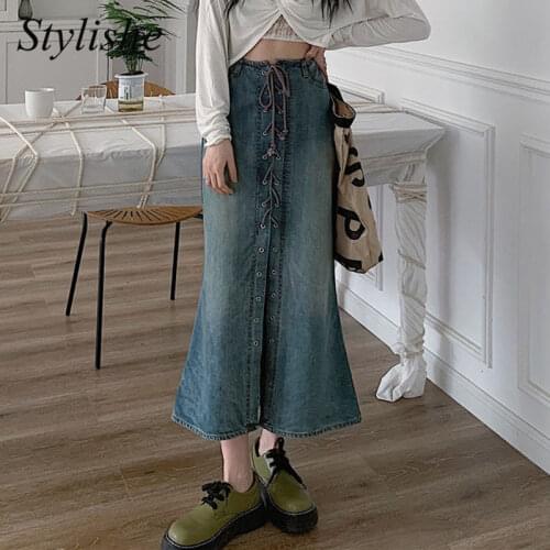 Lace Up Denim Long Skirts Women Split High Waist A Line Streetwear Plus Size Midi Skirt Autumn Sexy Vintage 90s Blue Jean Skirt