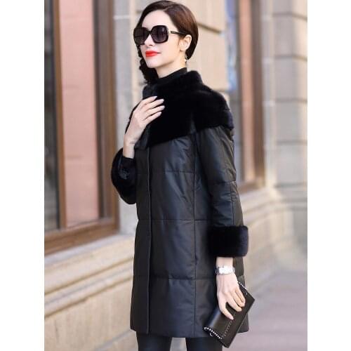 2020 Winter Coat Women Leather Jacket Real Mink Fur Collar Down Jacket Women Genuine Sheepskin Coat Long Jackets MY4456