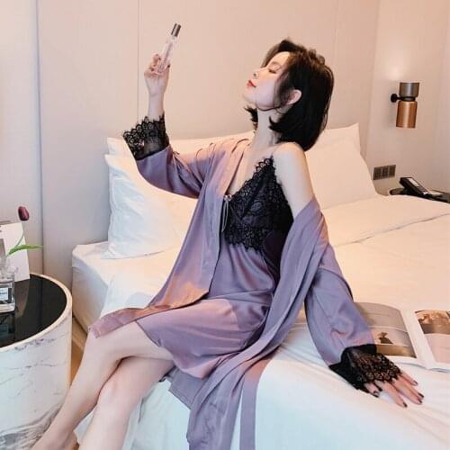 2020 Two-Piece Spring And Summer Sexy Housewear Silk Satin Lace V-neck Long Sleeve Knee-length Womens Nightgown Hot Sell