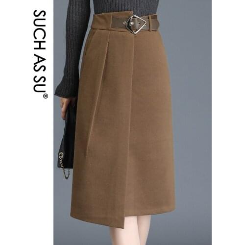 New Knit Irregular Skirt Women 2020 Winter Black Brown S-3XL Plus Size High Waist Splicing Sashes Wool Mid-Long Asymmetry Skirt