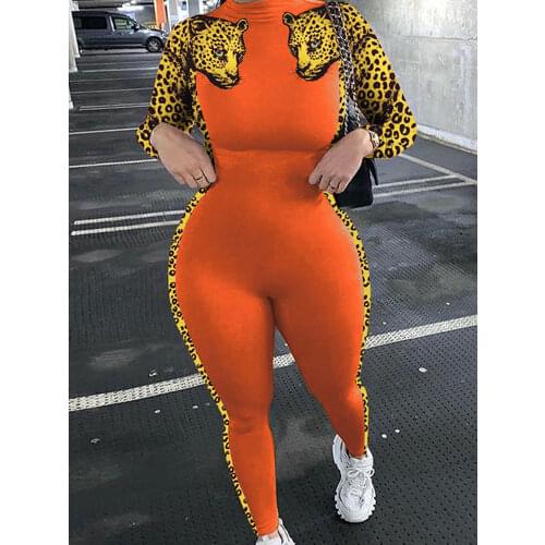 Animal Leopard Print Sexy Fashion Romper Woman Full Sleeve Round Neck Slim Pencil Jumpsuit Women