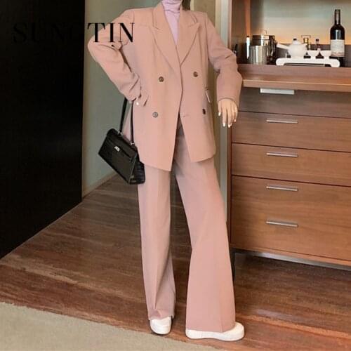 Sungtin Office Lady Corduroy 2 Piece Work Suits for Women Loose Long Blazer High Waisted Long Wide Leg Pants Vintage Blazer Sets