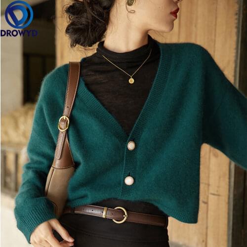 French Retro-style Dark Green Knitted Cardigan Sweater Jacket Women Spring and Autumn Clothes V-neck Short Outer Wear Lazy Top