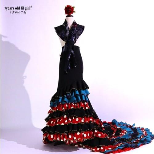 Girls Spanish Dress Flamenco Cotton Women Ballroom Waltz Dance Costumes Foxtrot Wear