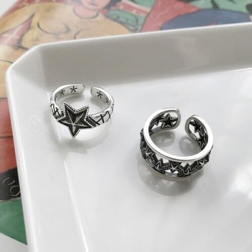 LEVEN FANCY 925 Sterling Silver Rock Art Style Retro Vintage Silver Open Rings Adjustable Big Five-pointed Star Cocktail Ring
