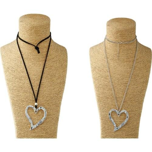 1PCS Vintage Tone Hollow Open Abstract Heart Shape Charm Pendant Suede Leather Cord/Link Chain Necklace Lagenlook Choker