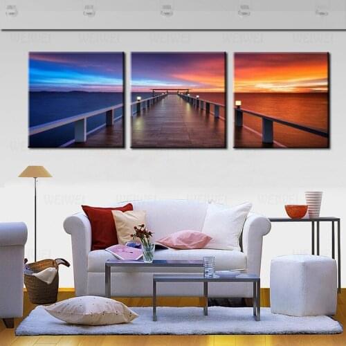 3 Panel Painting Canvas Morning Sunrise On Sea Bridge Modern Wall Pictures Beautiful Scenery For Bedroom Living Room Decoration