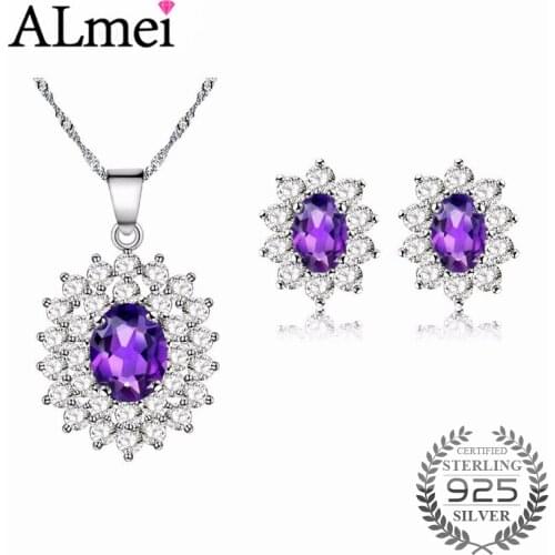 Almei Princess Diana Jewelry Set William Engagement Wedding Genuine Amethyst Jewelry 925 Sterling Silver with A Box CT003