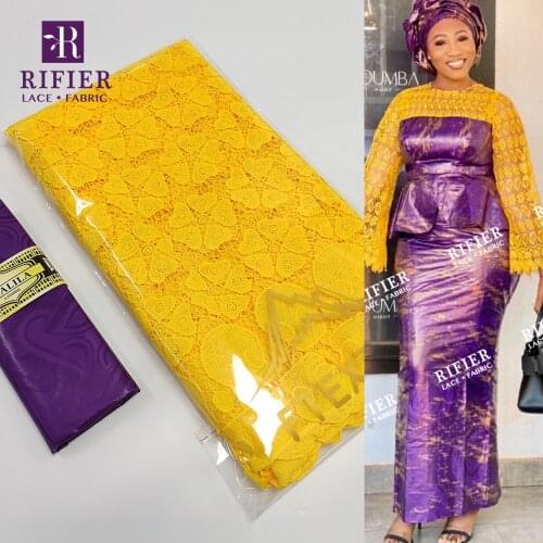 Purple And Yellow 2021 Top Quality Bazin Riche Gextczer And Guipure Dry Lace For Gambia Women Party Dresses Bazin Riche Laces