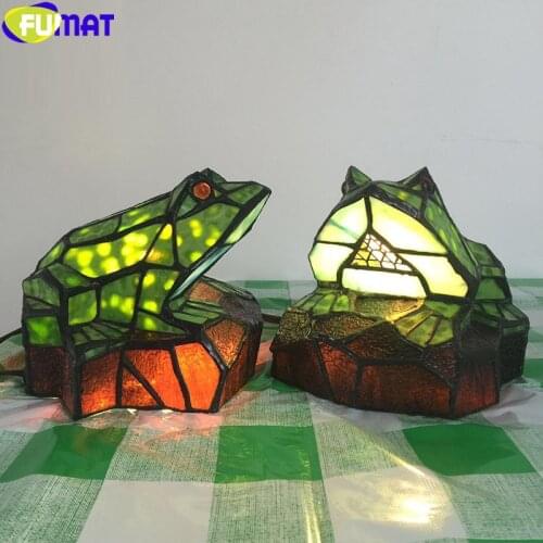 FUMAT Tiffany Style Cock Turkey The Frog Prince Animals Night Lights Stained Glass Talbe Decor Lamp Handcraft LED Art Desk Gift
