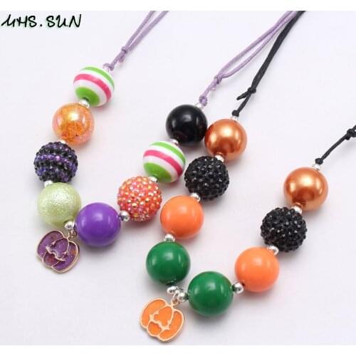 MHS.SUN Halloween Jewelry Kids Girls Chunky Beads Necklace With Pumpkin Pendant Baby Child Adjustable Rope Necklace For Gifts