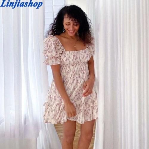 Sweet Women Floral Print Princess Dress Sexy Square Neck Puff Sleeve Holiday Party Dress Female Summer Short Vestido