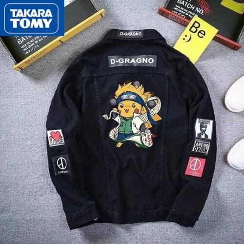 TAKARA TOMY Pokemon Fall Fashion Mens Denim Jacket Simple Cartoon Loose Comfortable Casual All-match Student Jacket Top