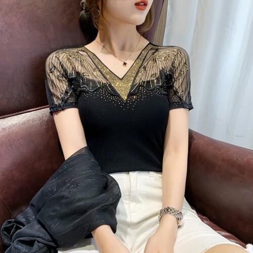 2021 Summer New Sexy V-neck Tshirt Short-sleeved Shirt Womens Tops Mesh Yarn Hollow T-shirt Diamonds Fashion Clothing 15157