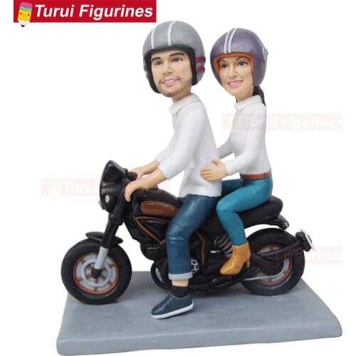 Couple riding old motorcycle sculpture polymer clay dolls mini statue cake toppers