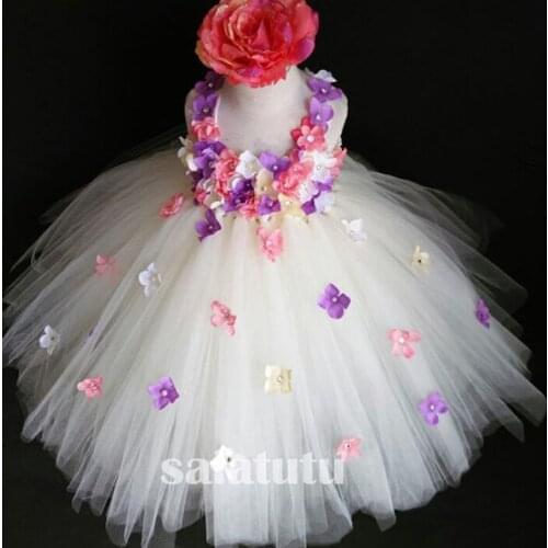 Girls white petal Princess Tutu Dress Inspired Kids princess girl Wedding TUTU Ball Gown Children Prom Birthday Party Dress