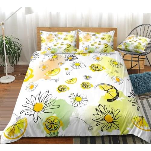 Fruit Bedding Set Yellow Lemon Duvet Cover Set Flowers Bed Set Botanical Bedspread for Kids Teens