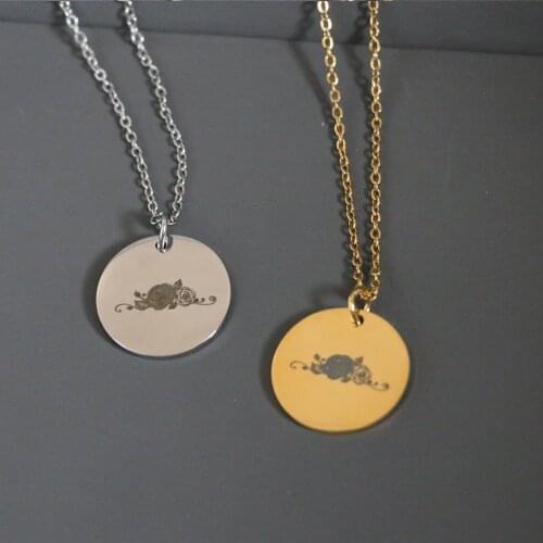 Simple Stainless Steel Flower Carved Pendant Necklace for Women Cute Gold Color Chain Round Tag Choker Jewelry